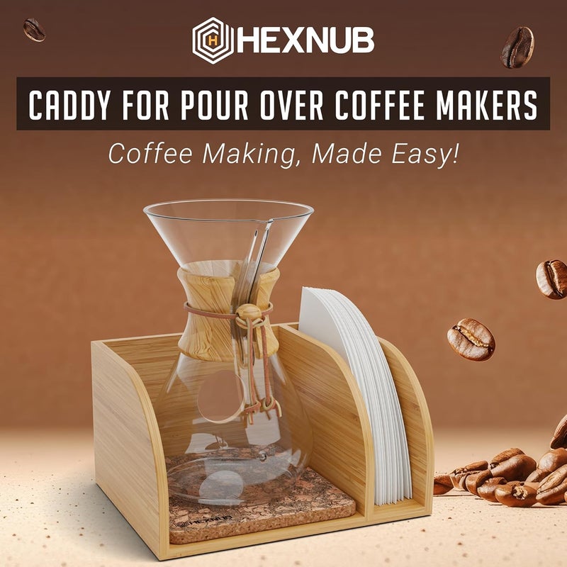 HEXNUB – Caddy for Pour Over Coffee Maker, Bamboo Stand fits Chemex, Bodum, Cosori Coffee Carafes, Heatproof Mat, Filter Holder for Drip Coffee Maker - Cork Mat - Image 2
